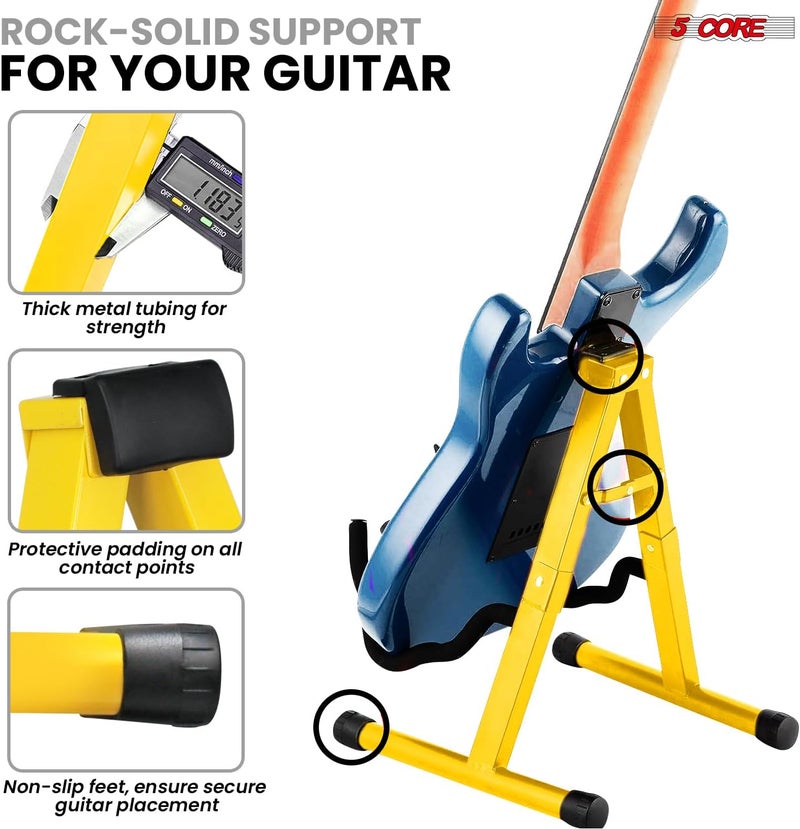 5 Core Guitar Stand 2Pc A Frame w Soft Foam Arms Non-Slip Rubber for Acoustic Electric Bass Guitar Ukulele & Banjo Foldable Stand - GSS YLW 2PCS - Image 5